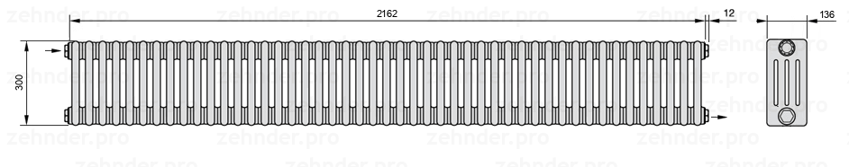 Схема (чертеж) Радиатор Zehnder Charleston 4030/47 №1670 Белый глянцевый RAL 9016